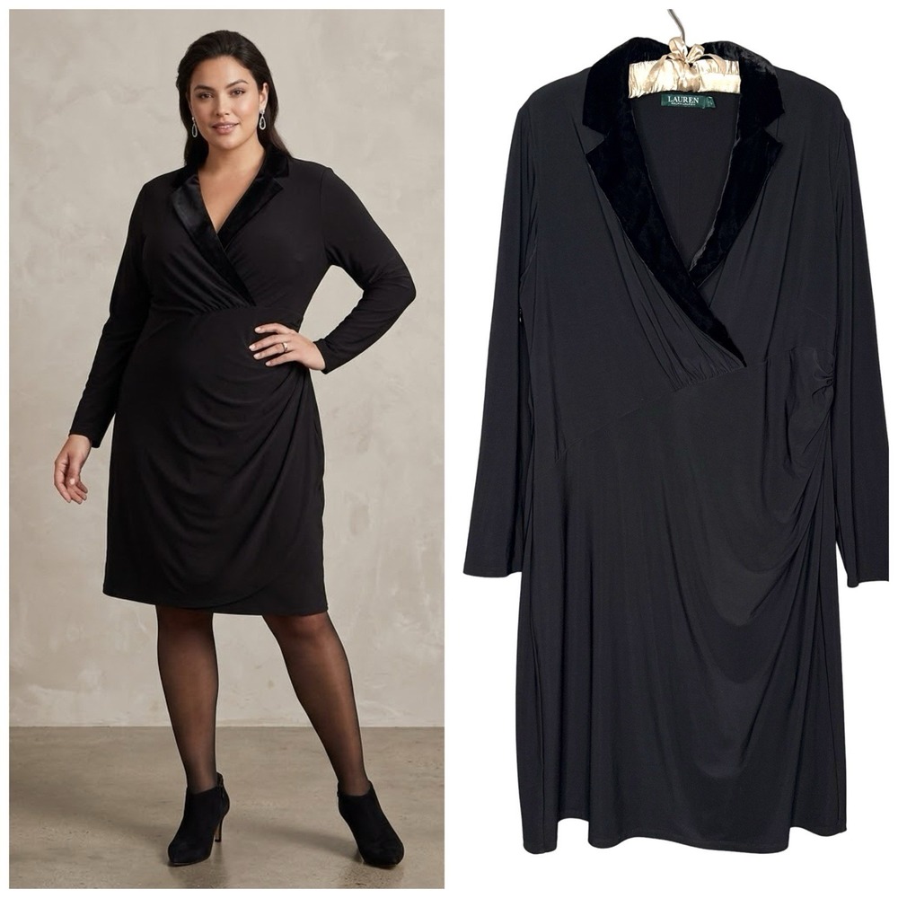 Ralph Lauren LRL Black Tuxedo Sheath Dress Velvet Lapel Size 18W Ruched Stretch